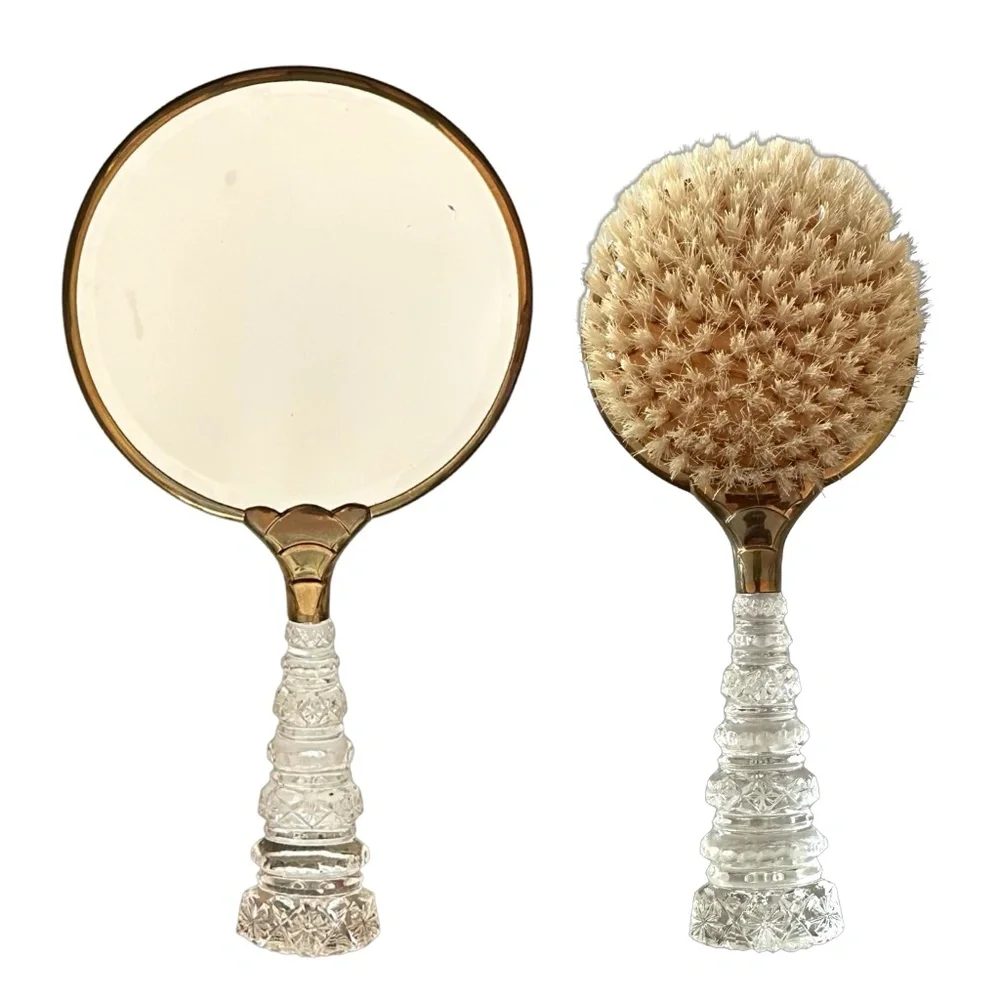 Vintage Gold Plated & Cut Clear Lucite Hand Mirror & Hair Brush (pair of 2) Rare